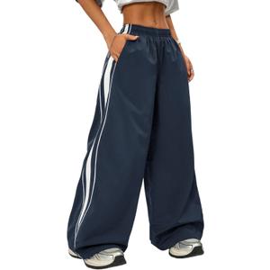 ZAFUL Womens Parachute Pants Y2K Wide Leg Cargo Sweatpants Drawstring Waist Jogger Pants with Pockets (Medium, 1-navy Blue)