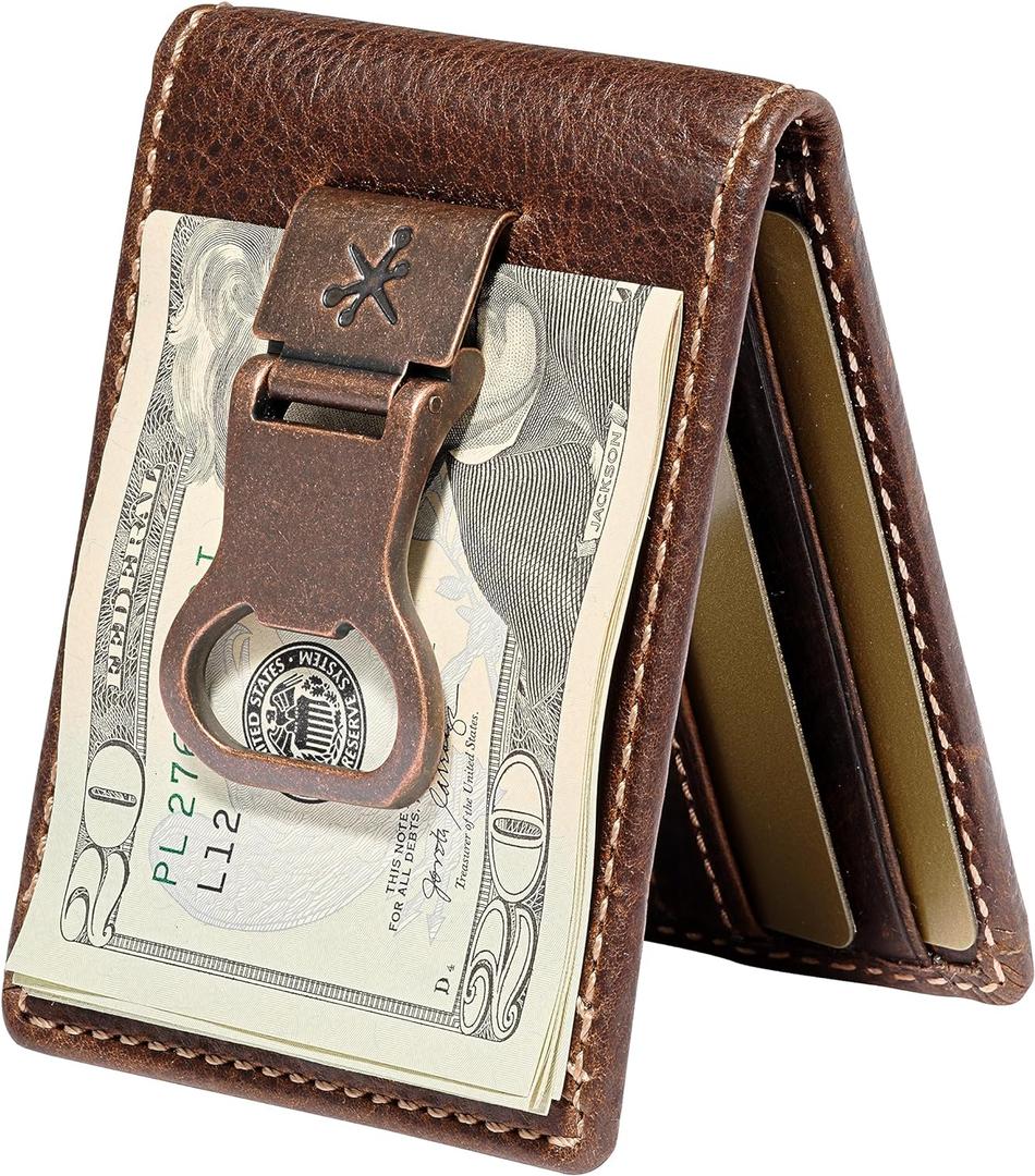 House of Jack Co. Bottle Opener Bifold Money Clip Wallet for Men, Front Pocket Card Holder with Exterior ID Window, Full Grain Cowhide Leather, Brown