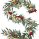 6 Ft Snowy Christmas Norfolk Pine Garlands with 20 Lights Battery Operated Christmas Garland 4 Pincushion 4 Pinecones 4 Red Berried 8 Xmas Balls for Mantel Fireplace Indoor Home Winter Decor