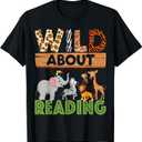 Wild About Reading Teacher Reading Books Back To School T-Shirt (Small, Black)