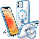 Flyzoo Magnetic Case for iPhone 12/ 12 Pro - [Built-in Invisible Stand] [Compatible with MagSafe] [Military Grade Drop Protection] Anti-Yellowing Hard Back Silicone Edge Cover, 6.1", Clear Blue