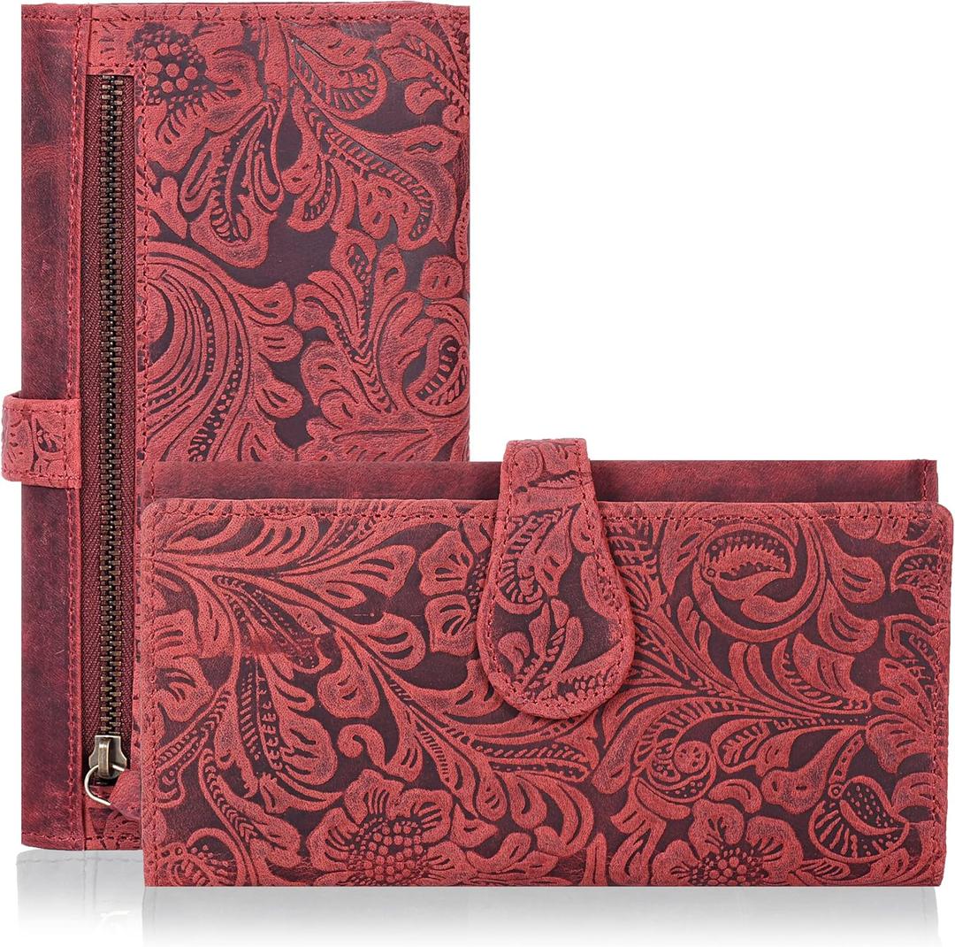 Real Leather Women Wallet Leather with RFID Blocking -Trifold Card Holder Designer Ladies Clutch with ID Window Wallets (Red1)