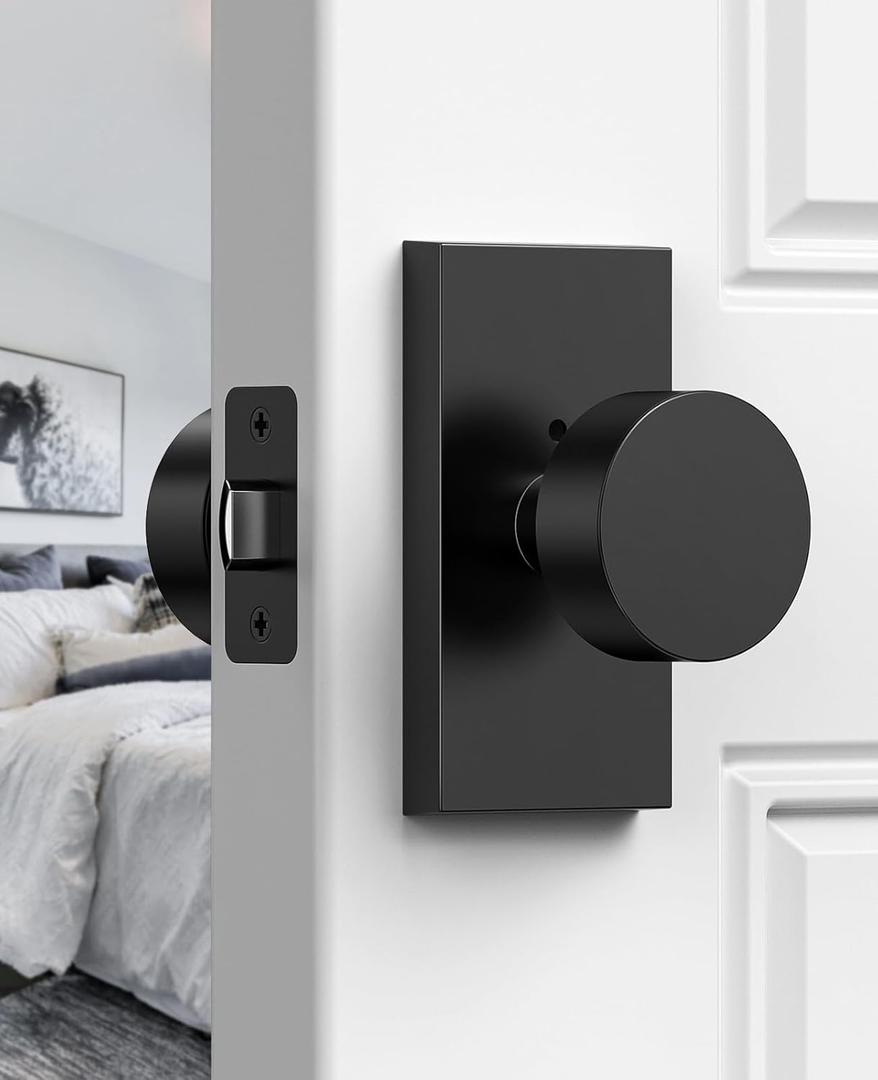 Matte Black Door Knobs, Zinc Alloy Heavy Duty Privacy Door Knob, Interior Black Door Knobs, Rectangular Modern Door Knob for Bedroom, Bathroom, Study, Office