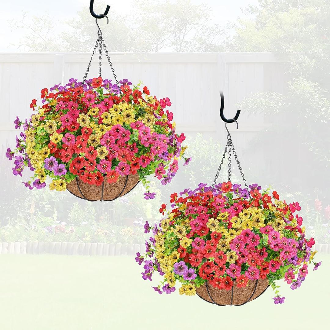Artificial Flowers Hanging Plants in Basket,Artificial Hanging Flowers for Outdoor Indoor Decor,UV Resistant Hanging Baskets with Fake Flowers for Patio Garden Porch Deck Decoration (2PCS, Multi Color)