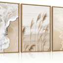 Aurlan Large Beach Wave Pampas Grass Framed Canvas Wall Art Set,Modern Coastal Sandy Grass Wall Decor,Beige Trendy Beach Landscape Artwork for Living Room,Bedroom,Bedroom -24"x36"x3