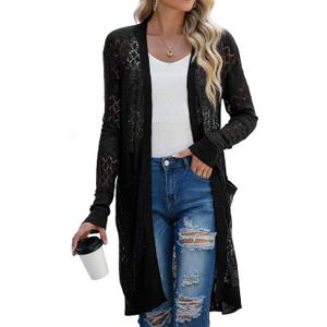 GRECERELLE Womens Lightweight Longer Length Cardigan Long Sleeve Casual Crochet Open-Front Sweater with Pockets (Large, 01 Long-black)