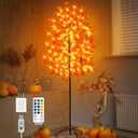 FastDeng 6Ft 144 LED Lighted Maple Tree Thanksgiving Decor, Timing 8 Flashing Modes Artificial Fall Tree Light with Acorns Pumpkins for Home Indoor Outdoor Thanksgiving Harvest Halloween Decorations