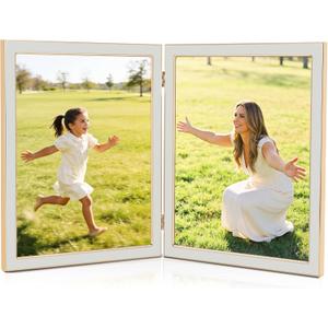 8x10 Double Picture Frame with White Enamel Finish, Gold Edge Metal Hinged Photo Frames, Real Glass Front Velvet Back, Display for Wall and Tabletop, Ideal for Wedding Couple Family Photos