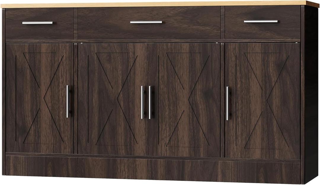 Shintenchi Buffet Cabinet with Storage,53.4" Large Kitchen Storage Cabinet with 3 Drawers and 4 Doors,Wood Farmhouse Buffet Sideboard with Adjustable Shelf for Kitchen Living Room,Brown