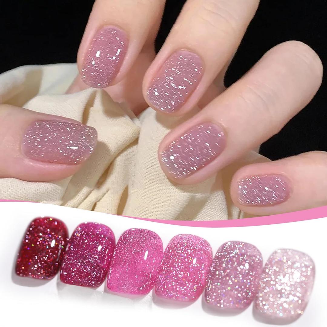 BORN PRETTY Reflective Glitter Gel Nail Polish Pink Holographic Colorful Glitter Spring Summer Gel Polish Sparkly Shiny Disco DJ LED Gel Nail Polish Nail Varnish 6PCS, Pink