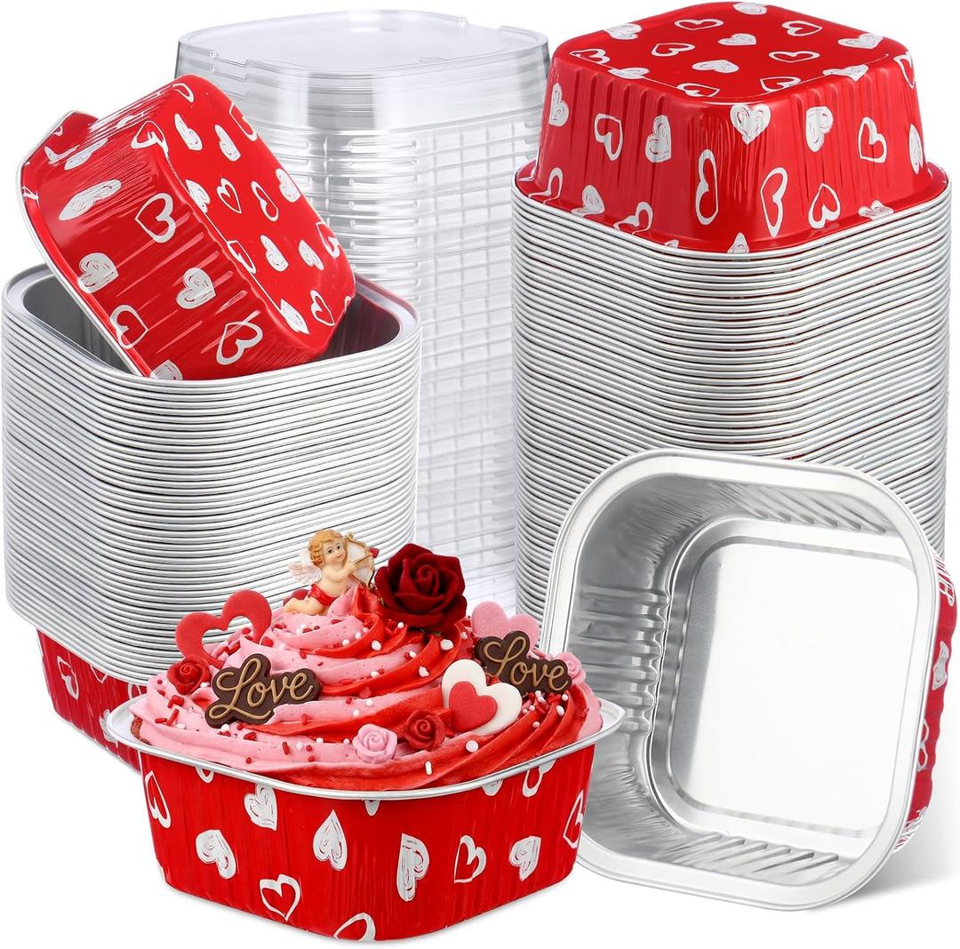 100 Pcs Valentine's Day Square Baking Pans with Lids 10oz Aluminum Foil Cupcake Brownie Disposable Baking Cups Individual Tin Dessert Containers(Heart,Red)