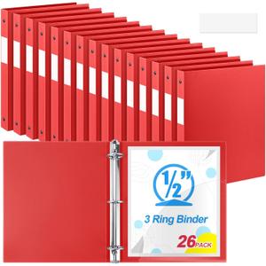 Henoyso 26 Pack 0.5 Inch Plastic 3 Ring Binder Round Ring, Bulk 1/2 Inch Flexible Binders Hold 140 Sheets Letter Size with Pocket, Document Organizer for Back to School Classroom Office (Red)