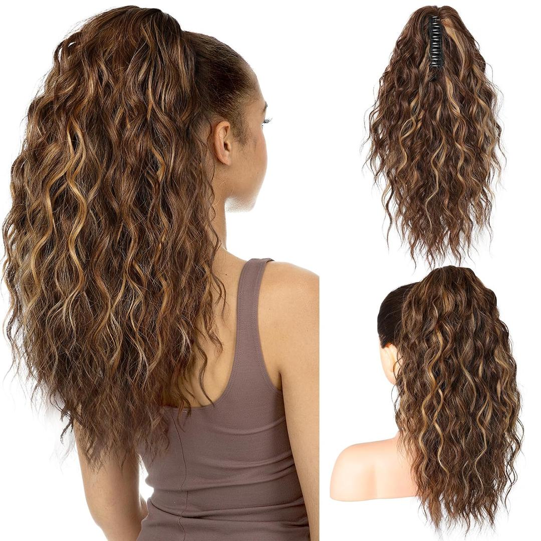 SEIKEA 18" Highlight Ponytail Extension, PT002 Tia Claw Long Multi Layered Fluffy Thick Wavy Curly Jaw Clip in Fake Pony Tails Fake Hair Soft Synthetic Hairpiece Chocolate Brown Blonde Highlights