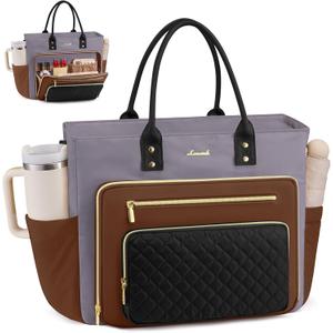 LOVEVOOK Teacher Tote Bag for Women Work, Laptop Bag Nurse Bags With Large Cup Holder, Professional Computer Briefcase Business Handbag, Diaper Bag Mother Gift, 15.6 Inch (Lavender Gray-brown-black)