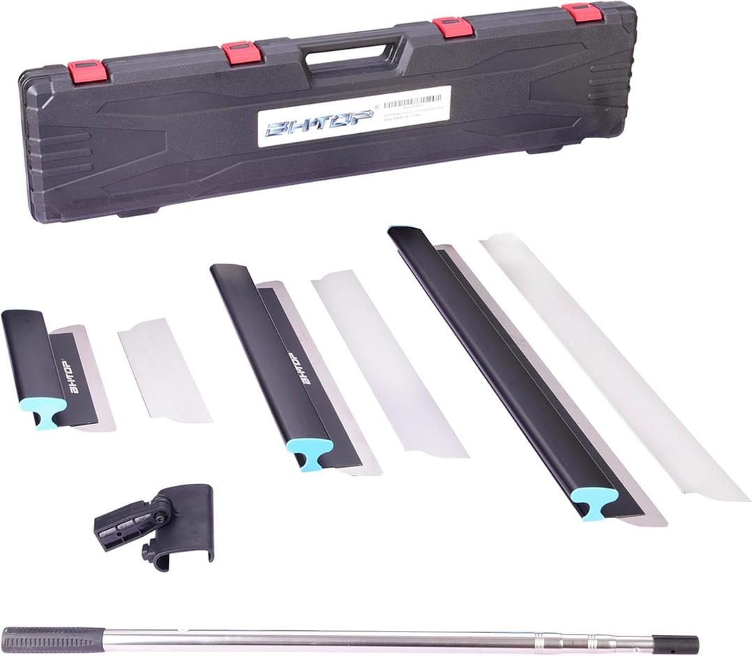 BHTOP Drywall Tools Skimming Blade with Extension Handle - 12", 20" & 32" Blades with 2 Pack 0.3 mm Blades, Construction Tools End Caps, Wall-Board with Outer Box in Black
