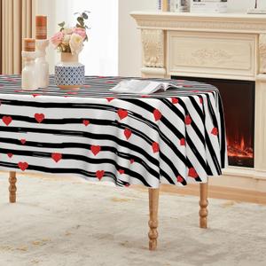 Horaldaily Valentine Tablecloth 6084 Inch Oval, Love Heart Black Line Washable Seasonal Table Cover for Party Picnic Dinner Decor