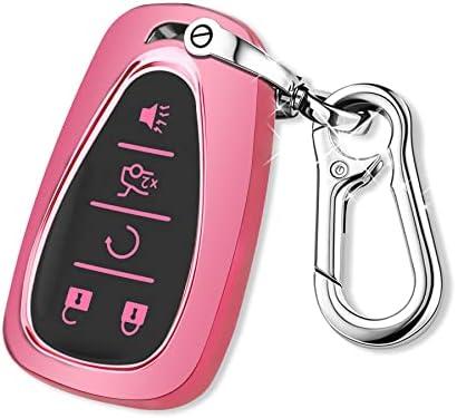 For Chevy Key Fob Cover with Keychain, Car Key Case Shell Protector for Chevrolet Equinox Malibu Camaro Traverse Blazer Cruze Volt Bolt Trax Tahoe 5 Buttons Smart Key Holder (Pink)