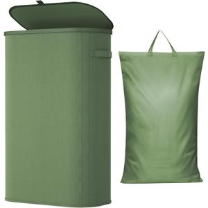 Lifewit Slim Laundry Basket with Lid, Narrow Large Laundry Hamper with Plastic Handles and Removable Bag, Tall Foldable Dirty Clothes Hampers for Laundry Room, Bedroom, Bathroom, Dorm, 65L Green
