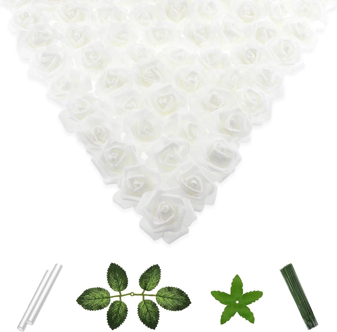 100 Pcs 2 Inch Artificial Flowers Faux Foam Fake Rose Head Bulk for Home Decor Wedding Decoration Bridal Shower Wall Table Centerpiece Arrangement DIY Craft (White)