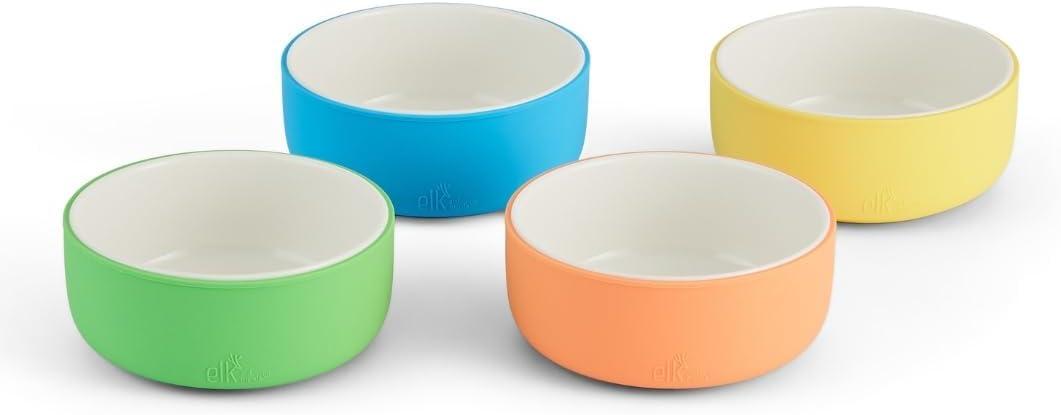 Elk and Friends Kids Porcelain Bowls with Silicone Sleeves | Suitable for Babies/Toddlers | Microwave & Dishwasher Safe | Non Slip Dinnerware | Snack Dishes | 4 Pack