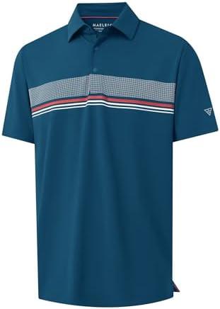 M MAELREG Mens Golf Shirts Short Sleeve Chest Print Stripe Moisture Wicking Dry Fit Casual Collared Mens Polo Shirts Large