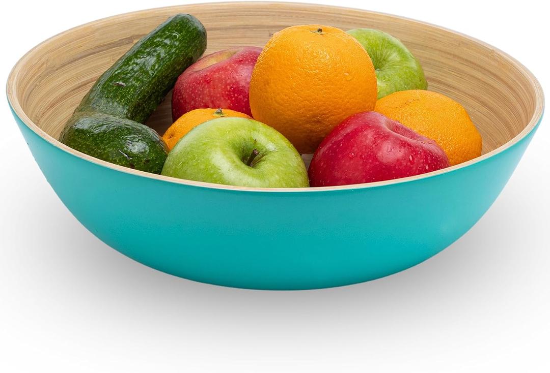 CLAYNIX Bamboo Salad Bowl, Large Serving or Chip Bowl for Party Snacks, Lightweight Popcorn Bowl 12 Inch (Turquoise)
