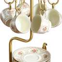 Coffee Mug Tree, Coffee Cup Holder for Countertop with 6 Hooks, Tea Cup Holder with Small Storage Area Metal Mug Rack Display for Counter Top Kitchen Organizer,Gold