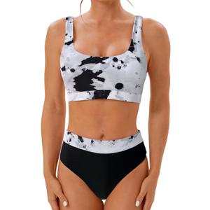 High Waisted Two Piece Swimsuits for Women Tummy Control Tankini Bathing Suits Sporty Printed Swimwear, Small, Black+white