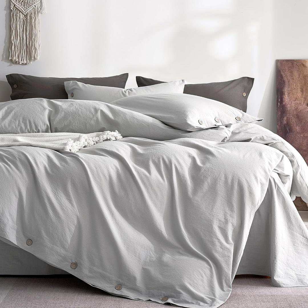 JELLYMONI 100% Washed Cotton Duvet Cover Queen  Soft, Breathable Linen-Look Bedding with Natural Wrinkle Texture, Button Closure, 3-Piece Set (Pale Grey, 90"x90")
