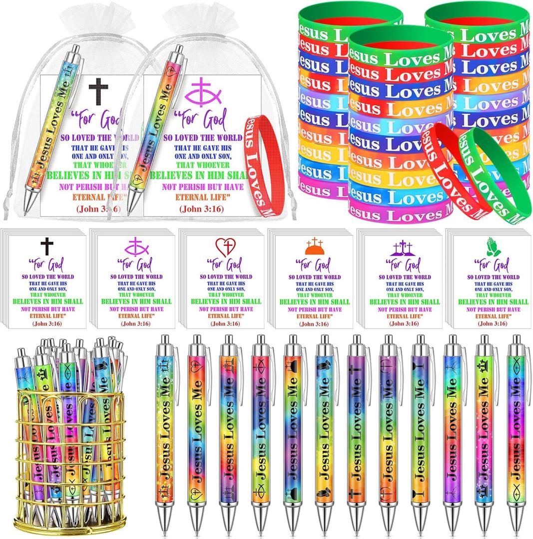 Gersoniel 24 Pack Jesus Loves Me Christian Gift Set with Bible Verse Pens, Silicone Bracelets, Inspirational Cards & Organza Bags for Church Sunday VBS Party Favors Religious Supplies
