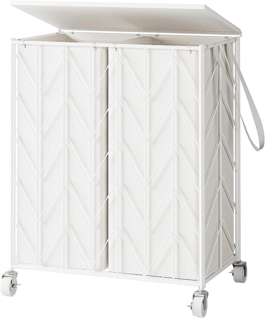 WOWLIVE Laundry Basket with Wheels, Heavy Duty Laundry Hamper with Wood Lid, Clothes Hamper with Divided Removable Liner Bag, Large Capacity Iron-Made Laundry Sorter Laundry Room Organization (White), 115l