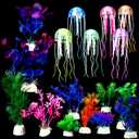 Yinder 17 Pcs Fish Tank Decorations, Include 11 Aquatic Plants and 6 Artificial Jellyfish, Colorful Fish Tank Plastic Plants Accessories for Aquarium Household and Office