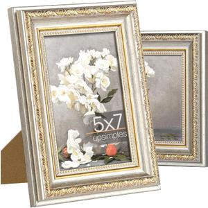 upsimples 5x7 Picture Frame with Real Glass, Ornate Vintage 5 x 7 Photo Frames for Wall Decor or Tabletop Display, White and Gold, 2 Pack