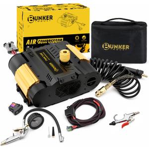 BUNKER INDUST 12V Twin Motor Air Compressor Offroad On-Board Air Pump Tire Inflator with Pressure Gauge Max 150 PSI for 4x4 Vehicle Tires