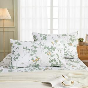 Standard Size Pillowcases Set of 2, 100% Cotton Pillow Cases, Light Green Floral Pillow Covers, Soft Breathable Natural Pillow Case with Envelope Closure (Standard, 20"x26")