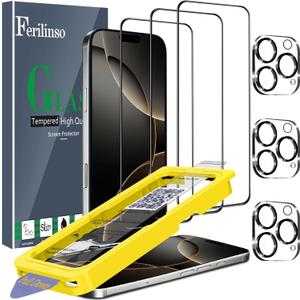 Ferilinso [Auto Dust Install] 3 Pack Screen Protector for iPhone 16 Pro [Phone Case fit], 3 Tempered Glass Camera Lens Protector Accessories for Apple