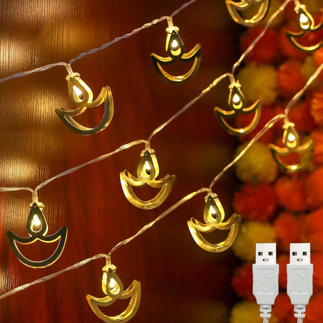 2 Strings 20pcs Metal Diwali Diya String Lights - Warm White USB LED Electric Diya Lights for Diwali Gifts, Mandir, Altar, Shrine Pooja Decor - Reusable Hindu Festival Wedding Puja Decorations