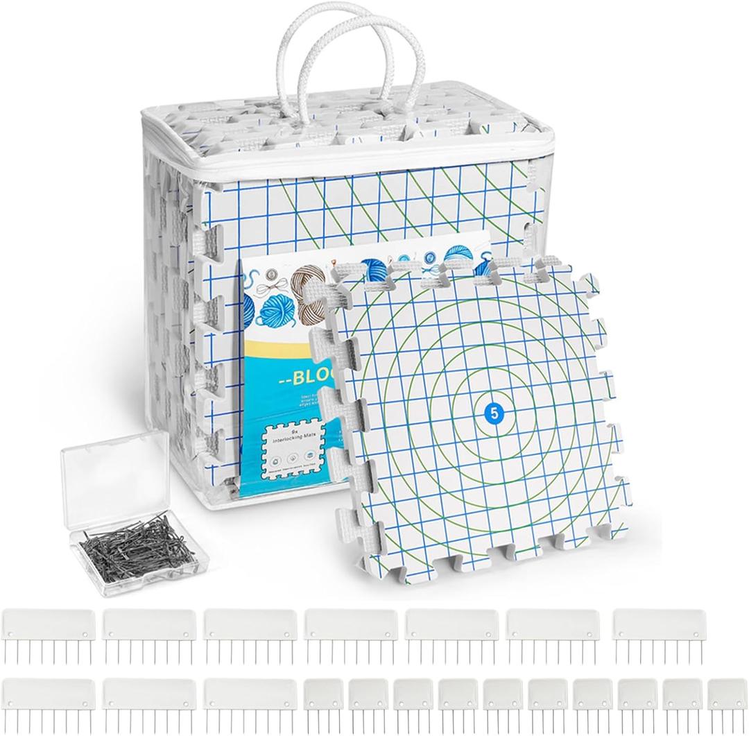 Yiitoll Blocking Mats for Knitting, Extra Thick Knitting Blocking Mats with Grid Radial Lines, 9 Packs Crochet Blocking Board Includes 20 Blocking Comb Pins 100 T-pins and Storage Bag