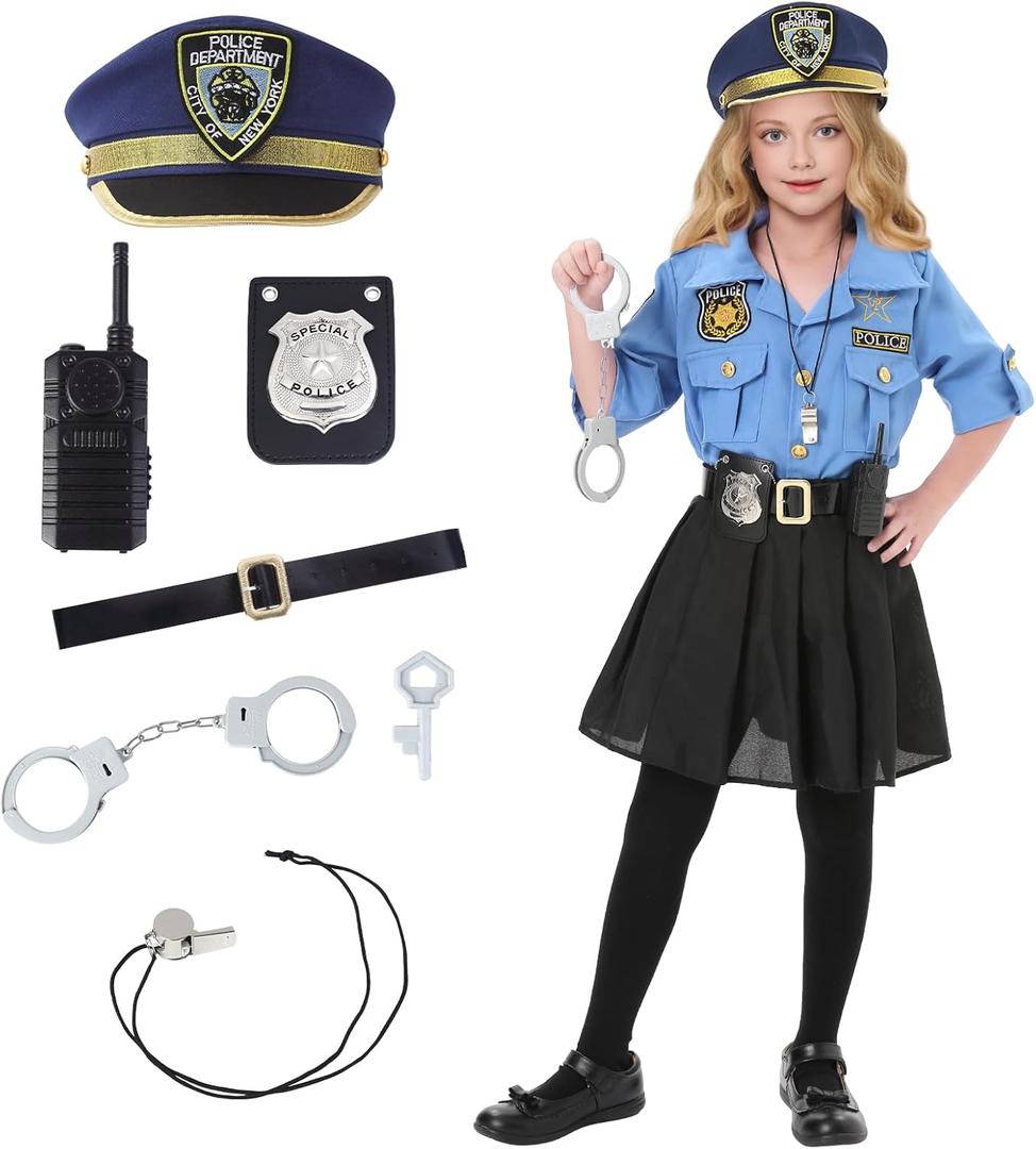 Lumiparty Police Officer Costume for Kid,Girls Police Costume,Halloween Cop Costume Outfit Set for Roleplay Dress Up (Medium, Blue)