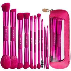 BS-MALL Double-ended Makeup Brush Set With Concealer Brush & Foundation Brush, Eyeshadow Brush- Travel-friendly Multi-purpose Brushes In Makeup Bag For Daily Use (10 PCS Hot Pink)
