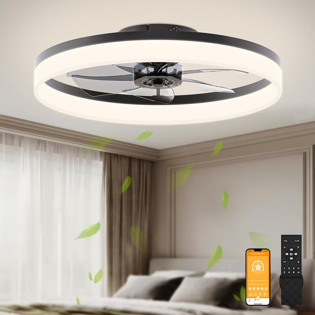 VOLISUN Low Profile Ceiling Fan with Light and Remote, 23.6in Flush Mount, Dimmable LED Fan Light, Bladeless for Bedroom (Black)