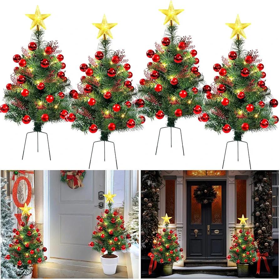 Arrowbash 4 Pack 30 Inch Christmas Tree Planter Insert Pre Lit Porch Urn Prelit Holiday Filler Bushes Outdoor Lighted Pathway Artificial Pine Star LED Ball Ornament Branch, Batteries Not Included