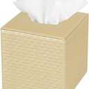 Square Paper Facial Tissue Box Cover Holder for Bathroom Vanity Countertop, Bedroom Dressers, Napkin Holder with Strap on Bottom, Light Gold Quilted Faux Leather Gold