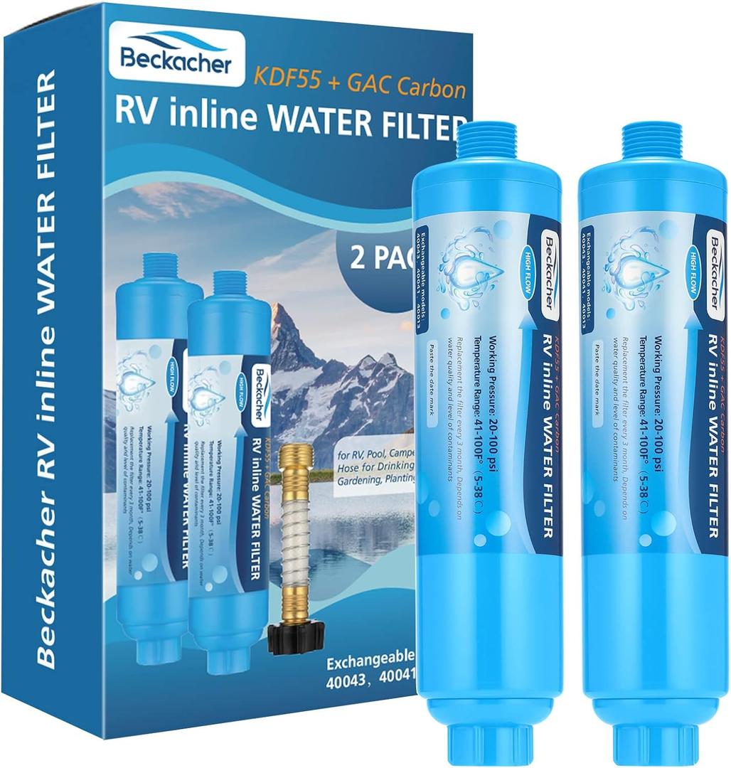 2-pack RV Water Filter, Advanced RV Inline Water Filter with Flexible Hose Protector, KDF&GAC Reduces Bad Taste, Odors, Chlorine, and Sediment, Camping Essentials for Fresh Drinking Water