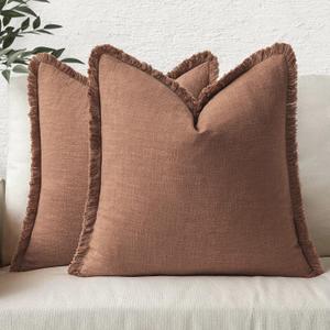 MIULEE Decorative Throw Pillow Covers Neutral Linen Fringe Throw Pillows Set of 2 Brick Boho Farmhouse Cushion Covers with Tassels for Couch Sofa Bed Living Room Spring Home Decor 20x20 Inch