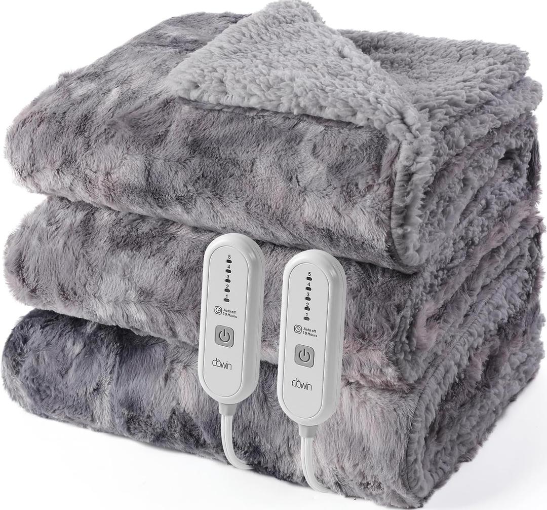 Dowin Heated Blanket King Size, Dual Controllers Faux Fur Electric Blankets, Tie-dye Plush Heating Blanket, Over-Heat Protect, 5 Heating Levels, Machine Washable (100"x 90" Grey)