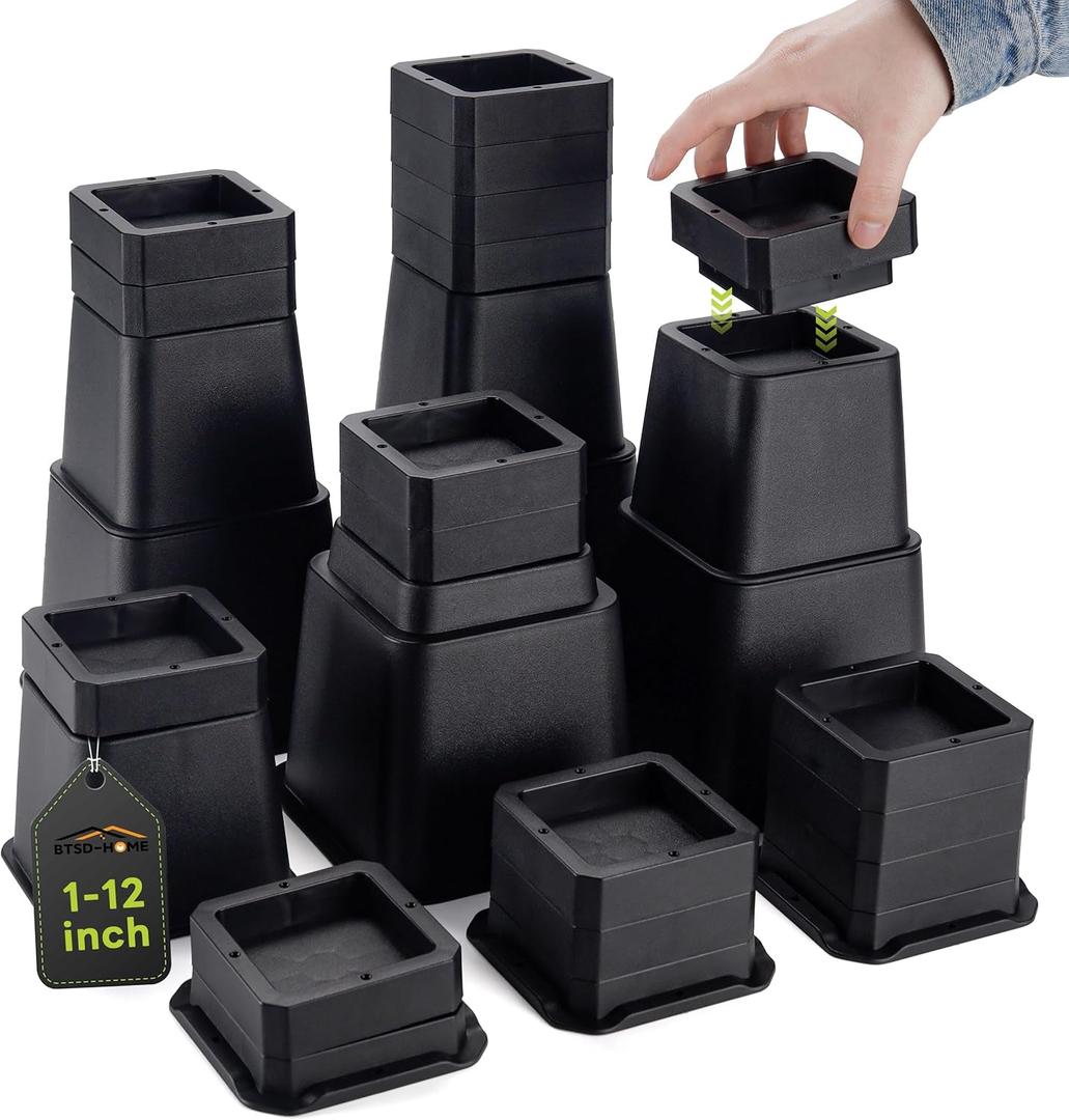 BTSD-home Bed Risers 12 Inch Heavy Duty Stackable Furniture Risers for College Dorm Bed Sofa Table Couch Chair Bed Raisers Blocks Pack of 4 Black