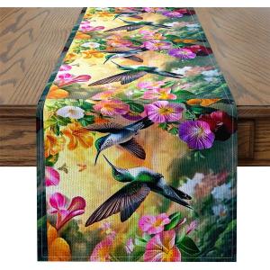 Hummingbird Table Runner Farmhouse Tropical Birds Spring Floral Cloth for Dining Tables - Watercolor Flowers Rustic Aesthetic Animal Table Mat 90"x13"