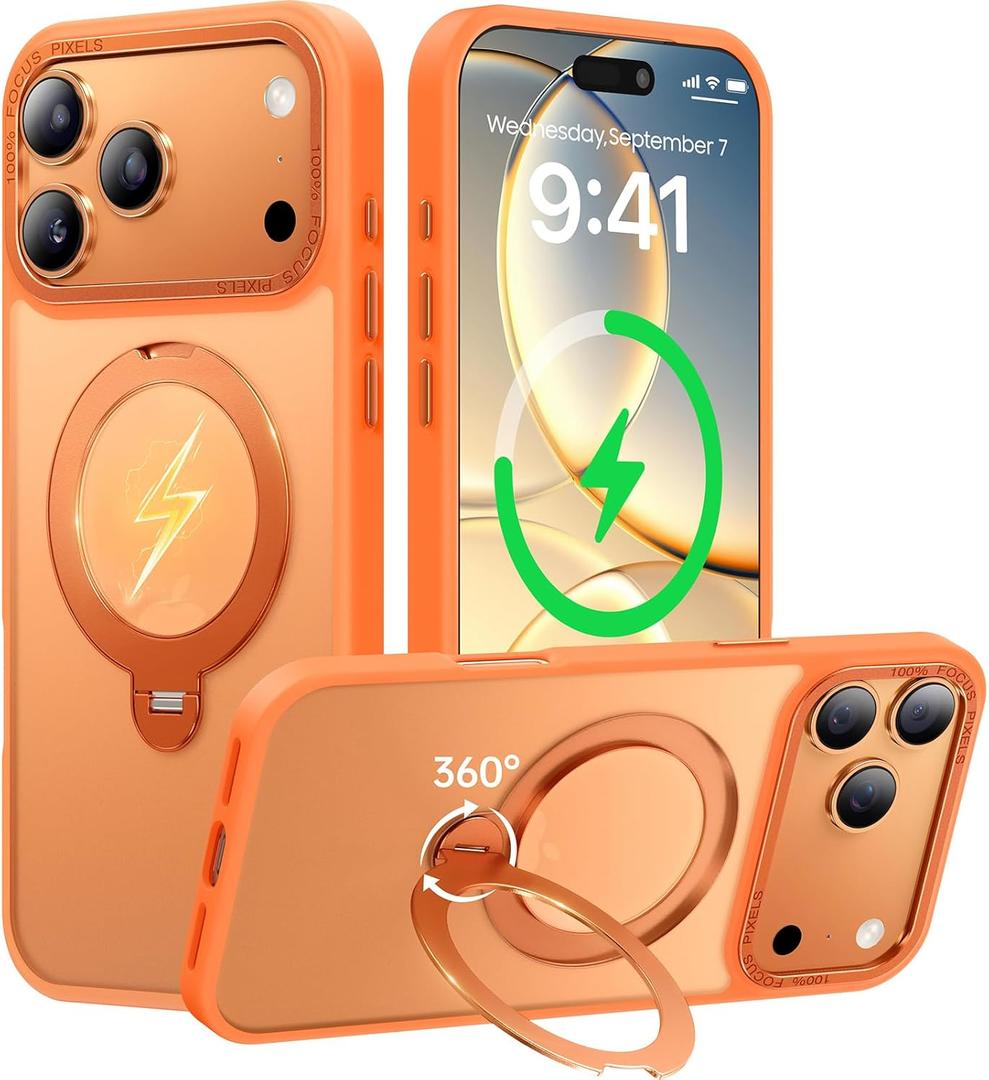360 Spin Magnetic Stand for iPhone 17 Pro Case, Fit for MagSafe, Mil-STD Protective Case for iPhone 17 Pro Phone Case with Kickstand Rotatable 6.3 inch, Orange