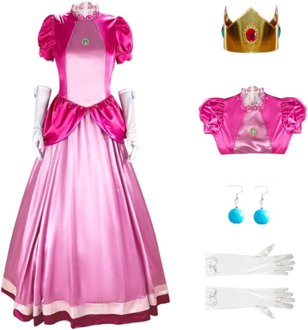 Princess Costume for Women,Princess Dress with Crown Earrings Gloves Adults Super Brothers Cospaly Suit (XX-Large)